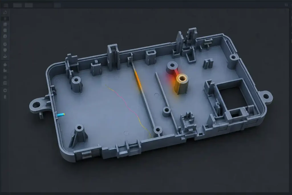 Automotive plastic component DFM review showing molding risk areas