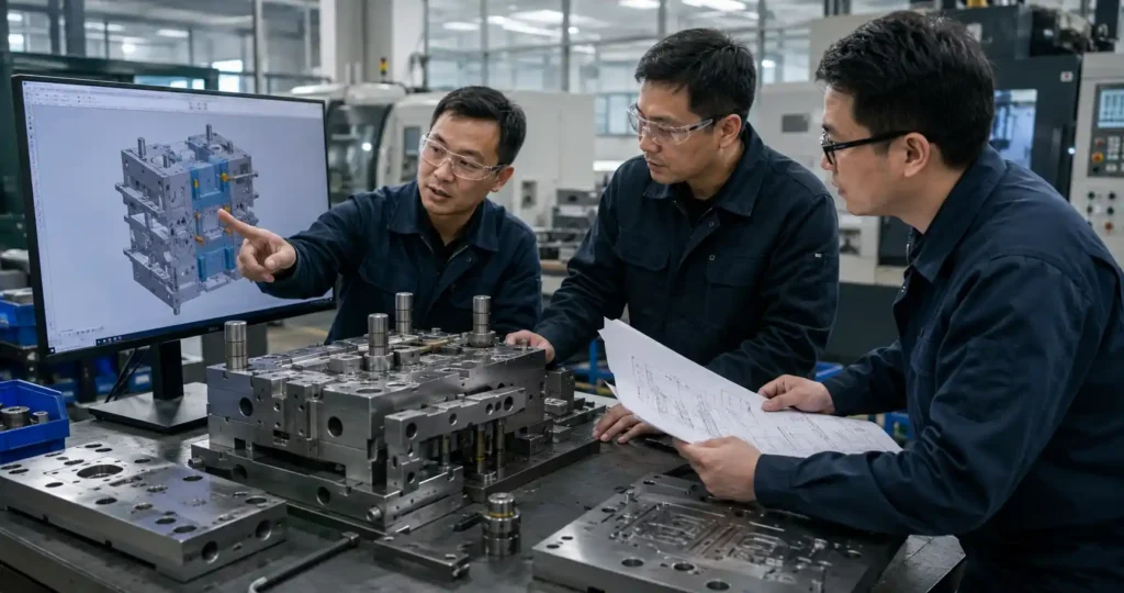 Engineers reviewing an injection mold and CAD model