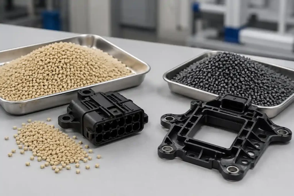 Reinforced PBT and PET for automotive electrical components