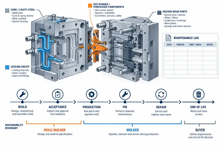 Injection mold systems, maintenance log, lifecycle stages and responsibility boundaries