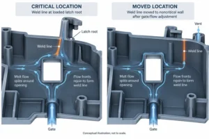 Conceptual comparison showing a weld line moved from a critical latch root to a noncritical wall