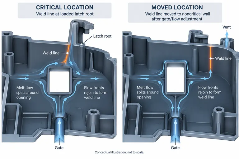 Conceptual comparison showing a weld line moved from a critical latch root to a noncritical wall