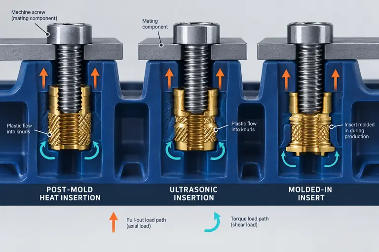 Cutaway comparison of threaded insert installation and joint load paths