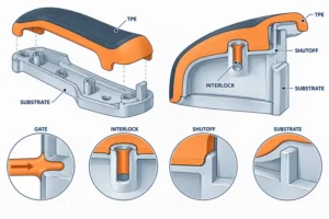 Cutaway of substrate, TPE overmold, mechanical interlock, shutoff and gate