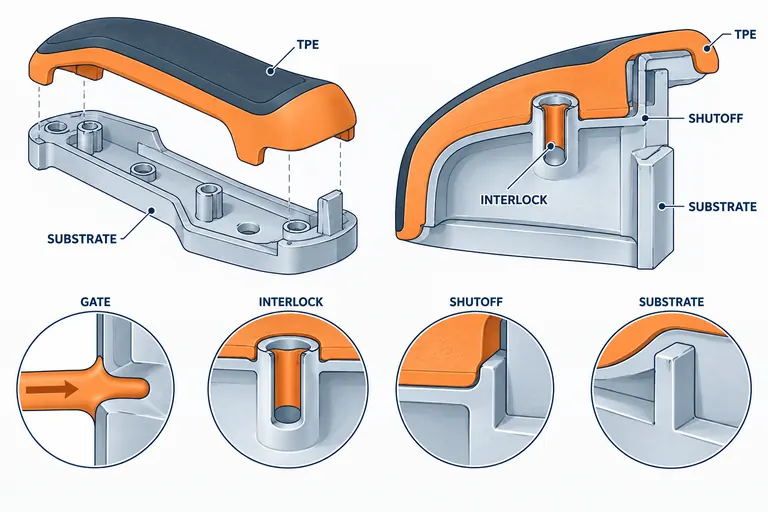 Cutaway of substrate, TPE overmold, mechanical interlock, shutoff and gate