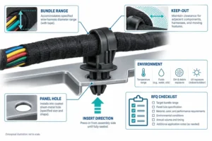Conceptual automotive cable routing clip with harness panel interface and RFQ callouts