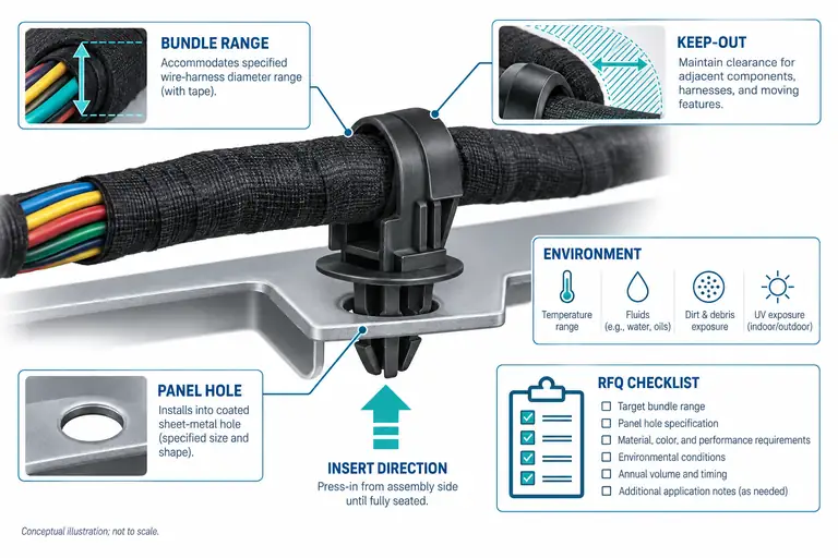 Conceptual automotive cable routing clip with harness panel interface and RFQ callouts