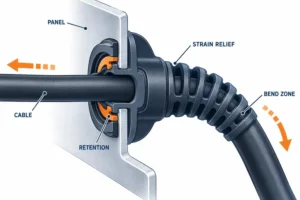Automotive cable grommet cutaway showing panel retention and bend strain relief