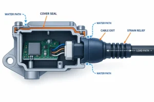 Sensor housing cutaway showing cover seal, cable exit, water paths and strain relief