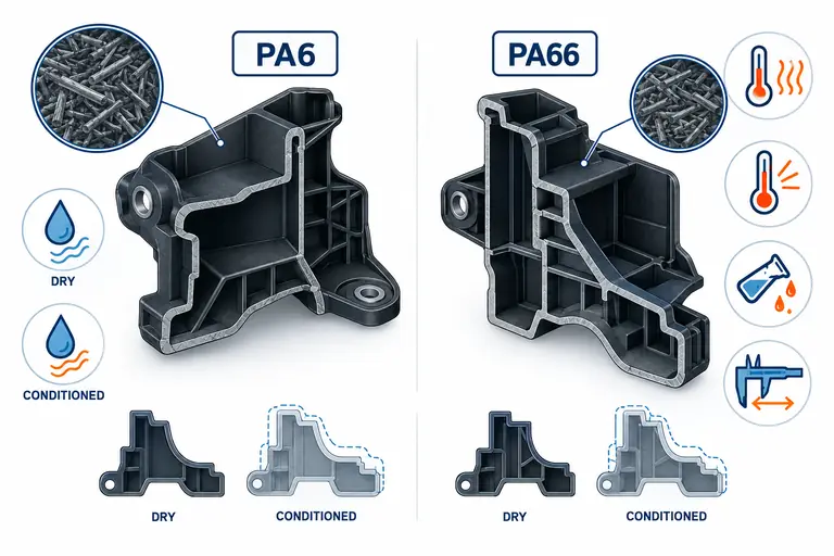 PA6 and PA66 under-hood molded housings with moisture and temperature considerations