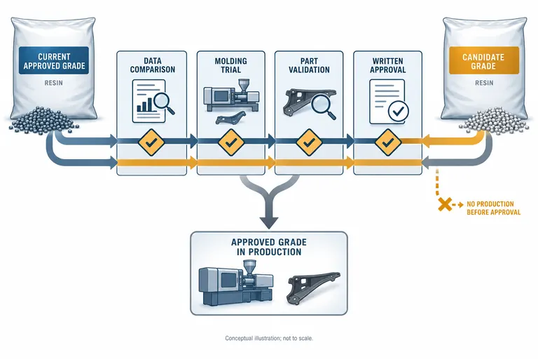 Conceptual approval gates comparing a current automotive resin grade with a candidate substitute