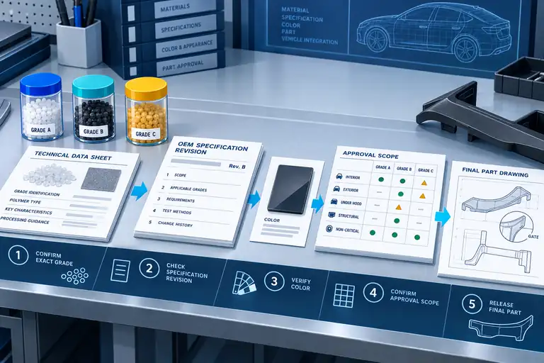Exact resin grade evidence linked to OEM specification revision, color and approval scope