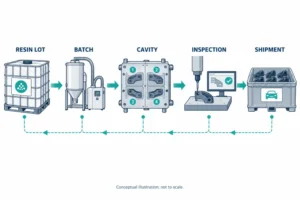 Conceptual genealogy linking resin lot molding batch cavity inspection and shipment