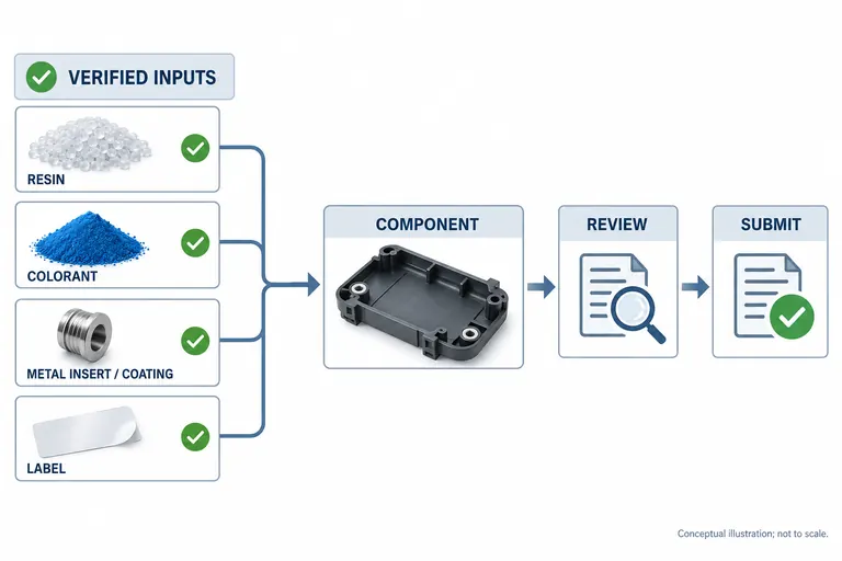 Conceptual IMDS input tree linking verified resin colorant insert coating and label data to review