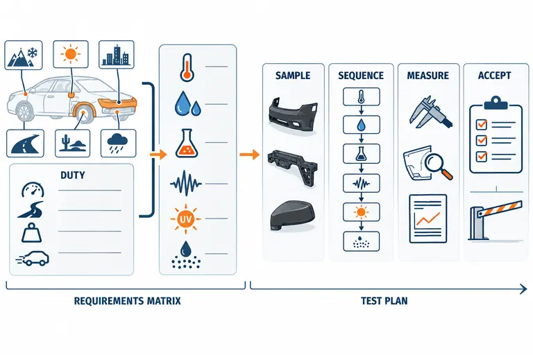 Requirements matrix feeding samples, sequence, measurement and environmental test acceptance