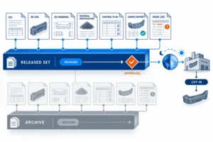 Released technical document set, approval gate, revision archive and overseas production cut-in
