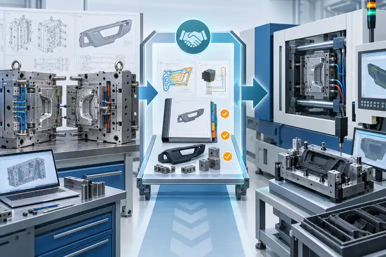 Mold builder handoff package connecting tooling to a separate production molder