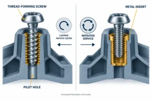 Cutaway comparison of a thread-forming screw in plastic and a machine screw in a metal insert
