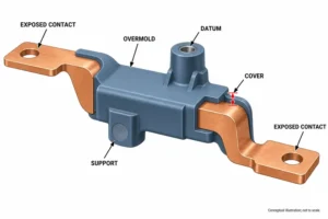 Conceptual insert-molded copper busbar showing exposed contacts overmold datums support and cover