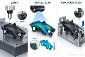 Conceptual comparison of CMM probing optical scanning and a functional gauge on a molded plastic part