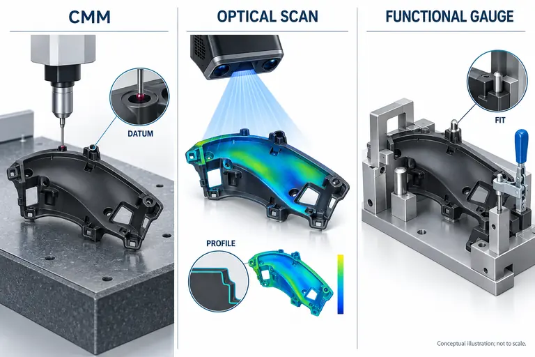 Conceptual comparison of CMM probing optical scanning and a functional gauge on a molded plastic part