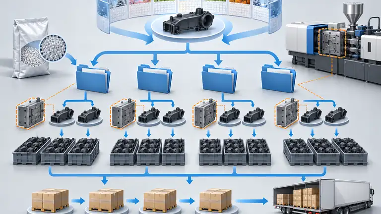 Annual demand divided into purchase orders, molding batches and packaged shipments