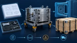 Conceptual automotive mold transfer package with the mold, technical records, reference parts and protected shipping crate