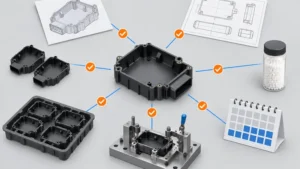 Automotive molded housing surrounded by CAD, drawing, material, volume, inspection and packaging inputs