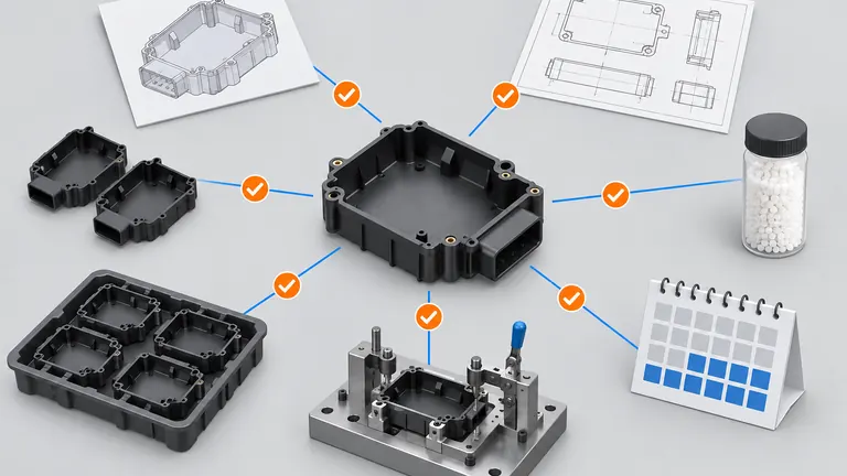 Automotive molded housing surrounded by CAD, drawing, material, volume, inspection and packaging inputs