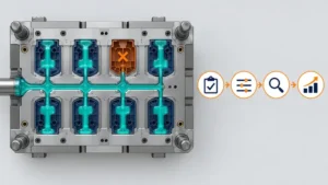 Conceptual eight-cavity mold with one cavity blocked and a validation path for the seven active cavities