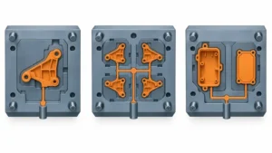 Conceptual comparison of single-cavity, balanced multi-cavity and family injection mold layouts