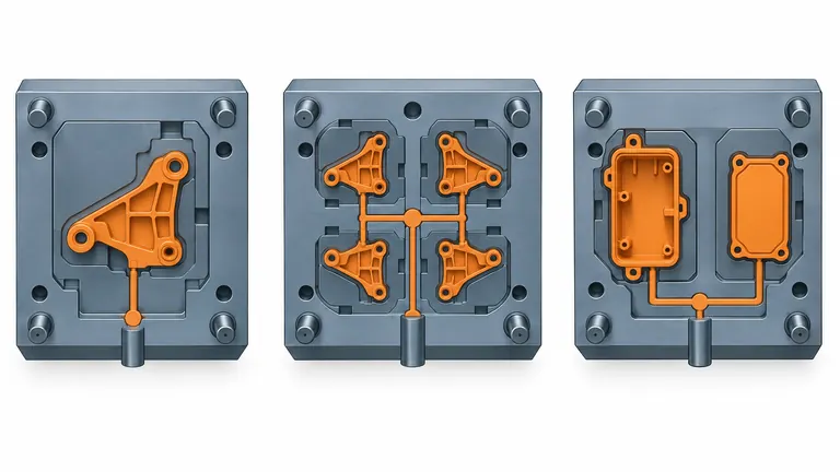 Conceptual comparison of single-cavity, balanced multi-cavity and family injection mold layouts