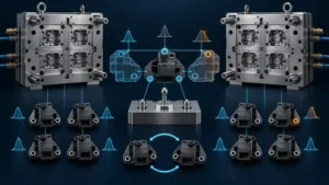 Conceptual comparison of two injection molds and cavity-identified parts measured from the same datums