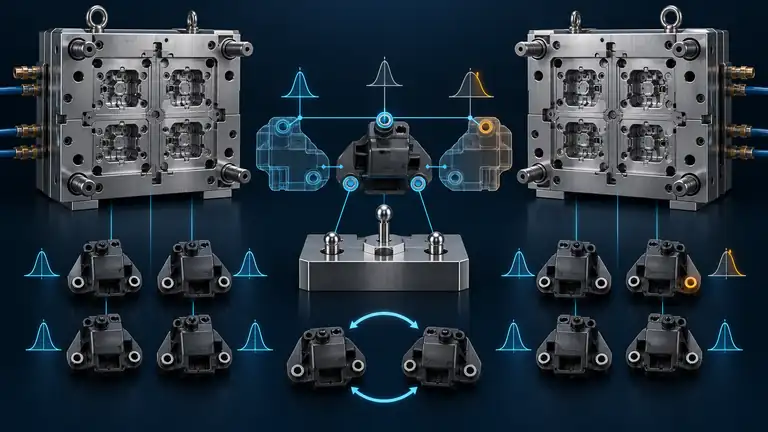 Conceptual comparison of two injection molds and cavity-identified parts measured from the same datums