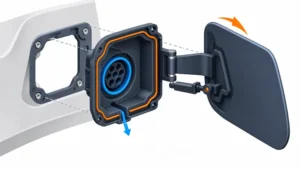 Conceptual EV charging port pocket with outer flap, hinge, inlet interface, seal path and drainage direction
