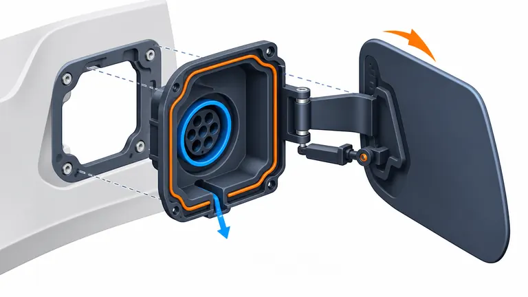 Conceptual EV charging port pocket with outer flap, hinge, inlet interface, seal path and drainage direction