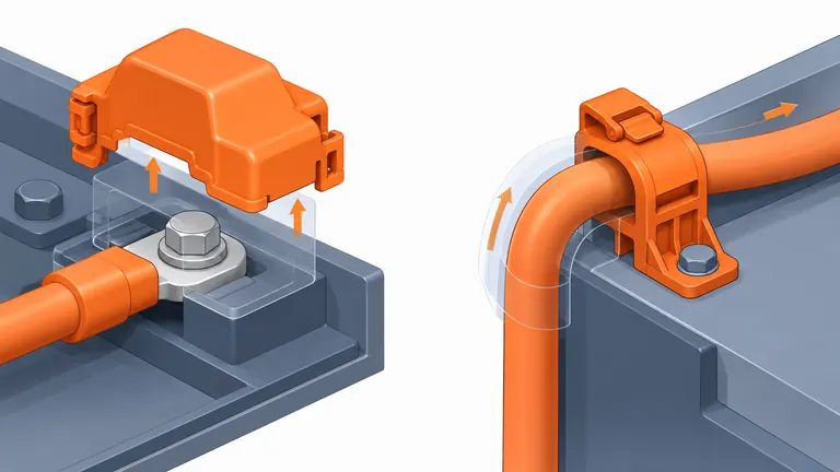 Conceptual orange EV terminal cover and cable support protecting a bolted connection and controlling cable bend