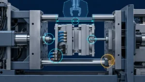 Conceptual injection mold interface check between tie bars with platen, nozzle, ejector and utility connections visible