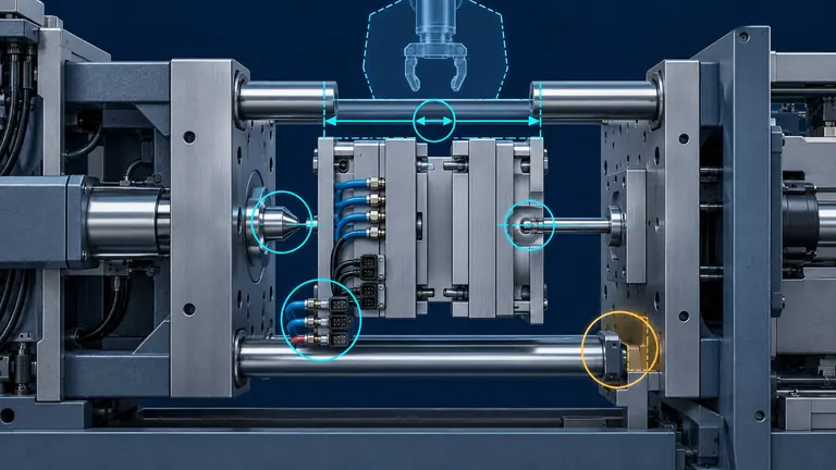 Conceptual injection mold interface check between tie bars with platen, nozzle, ejector and utility connections visible