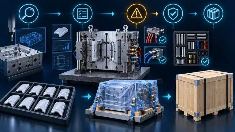 Conceptual export mold acceptance package with trial parts, inspection records, spare components, corrosion protection and shipping crate