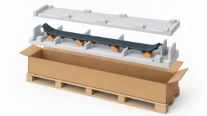 Conceptual export packaging for an automotive plastic trim part with protected surfaces, supports, separators and pallet containment