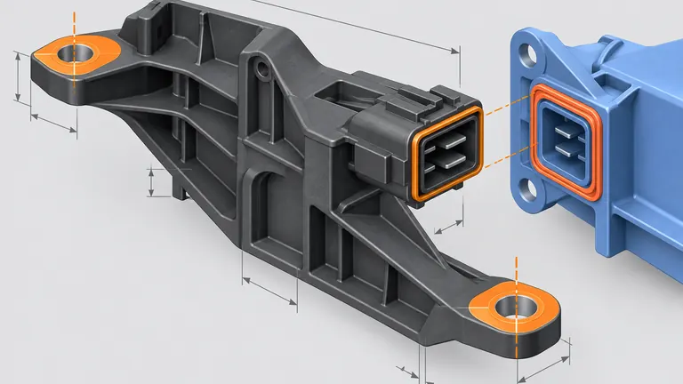 Automotive molded bracket with function-critical mounting and connector interfaces highlighted