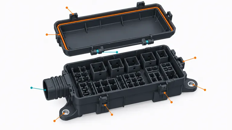 Conceptual fuse and relay box housing showing terminal cavities, perimeter lid seal, snap clips and mounting datums