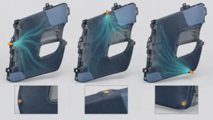 Conceptual automotive trim gate-location comparison showing visible zones flow paths and vestige tradeoffs
