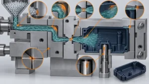 Conceptual injection mold flow path highlighting glass-filled resin wear at gate turns impingement vents and shutoffs