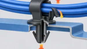 Wire harness clip engaging a sheet-metal panel with insertion and retention force directions