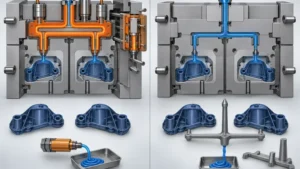 Hot-runner and cold-runner mold cross-sections comparing heated feed and solid runner waste