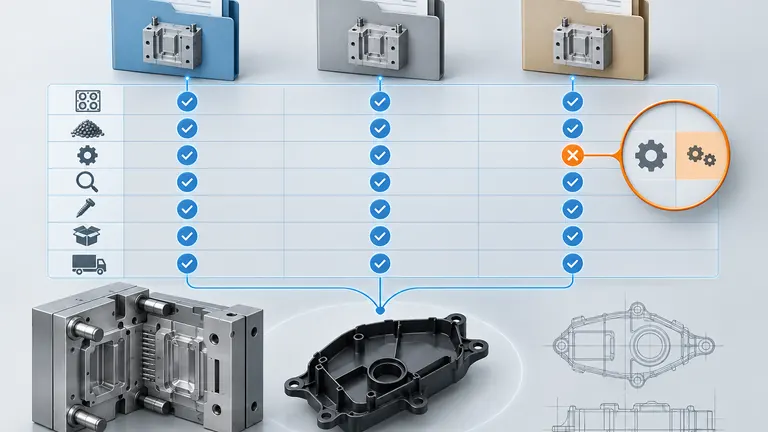 Three supplier quote scopes compared against one automotive molded part and mold design
