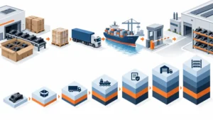 Conceptual landed-cost stack from molded part price through packaging transport customs inventory and receiving
