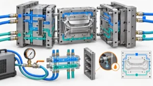 Conceptual injection mold cooling map with labeled inlet outlet flow leak and isolation checks